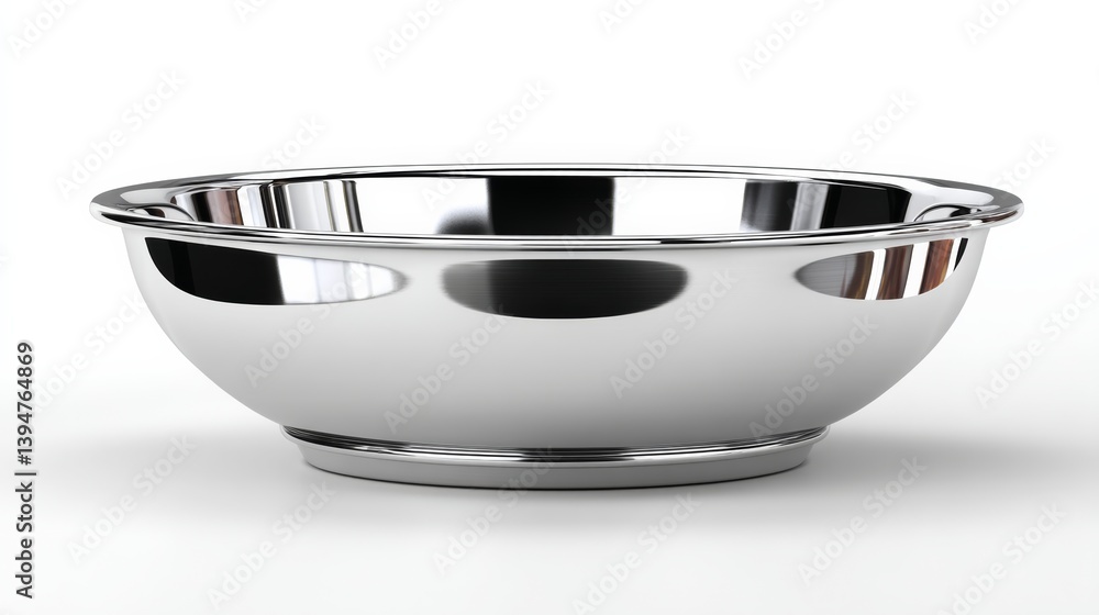 Poster silver bowl with a shiny surface. it is empty. the bowl is large and has a circular shape