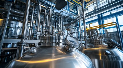 Fototapeta premium A large industrial building with many pipes and tanks. The tanks are silver and the pipes are also silver. The building is very large and has a lot of machinery