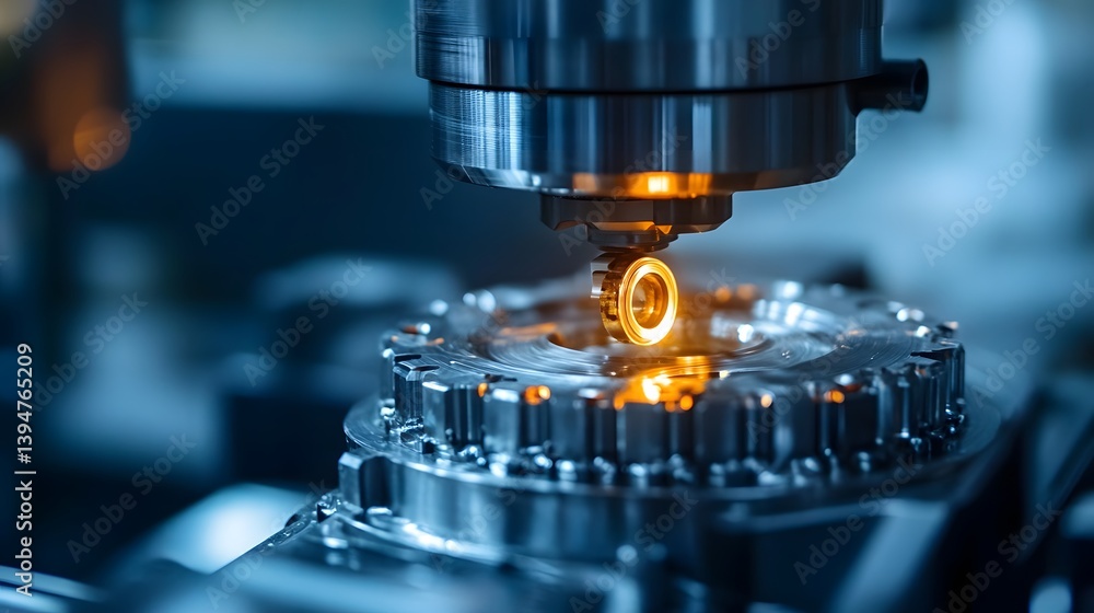 Aufkleber a machine is making a small metal object. the object is glowing yellow. the machine is surrounded by
