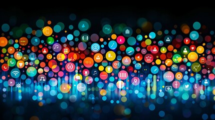 Obraz premium Floating media icons in vibrant digital space, symbolizing connectivity and innovation in a dynamic world.