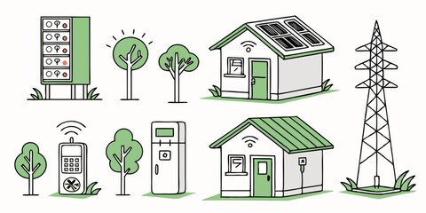 Green Energy Vector Art: Solar Panels, Battery, Smart Home, Trees