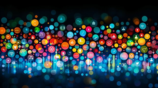 Floating media icons in vibrant digital space, symbolizing connectivity and innovation in a dynamic world.