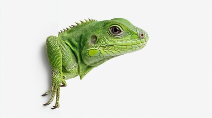 Obraz premium Green lizard is standing on a white background. The lizard is the main focus of the image, and it is looking directly at the camera