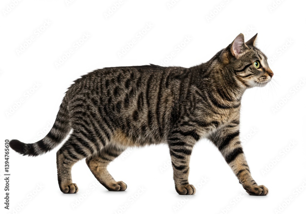 Poster a tabby cat walking on a white background with stripes and short fur in a studio setting looking for