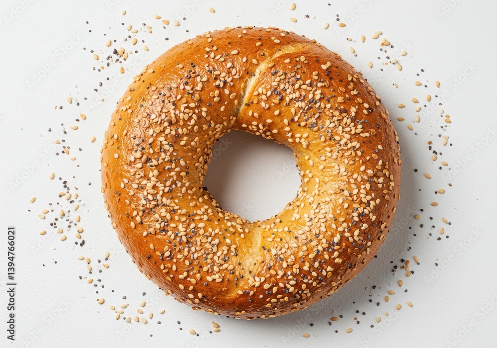 Poster a single bagel with sesame and poppy seeds on a white surface viewed from directly above center fram