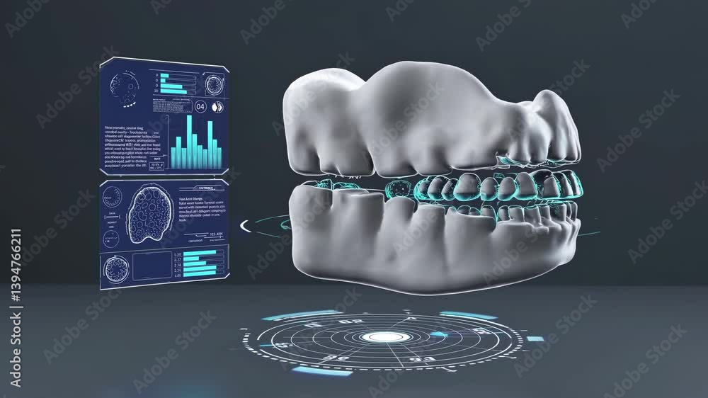 Poster advanced dental technology demonstrating 3d dental model and analytical graphics in a futuristic cli