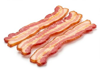 Three strips of uncooked bacon with visible fat and meat on a plain white background in a studio shot isolated on white background
