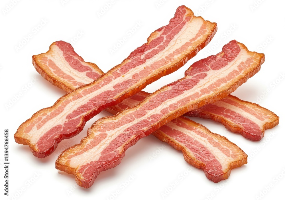 Poster a stack of four strips of uncooked bacon on a white surface in a close up studio shot with good ligh