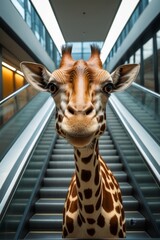 there is a giraffe that is standing on an escalator