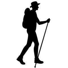 Fototapeta premium Hiking man with backpack and walking stick silhouette vector isolated on white background