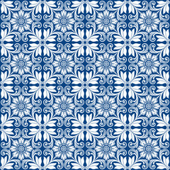 Seamless pattern, azulejo style floral ornament. Swatch is included.