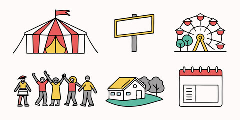Fair Festival Event Icons Tent Ferris Wheel People Sign House Calendar Line Art Graphics
