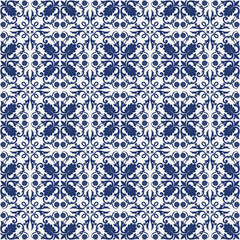 Seamless pattern, azulejo, blue style flowers and leaves. Swatch is included.