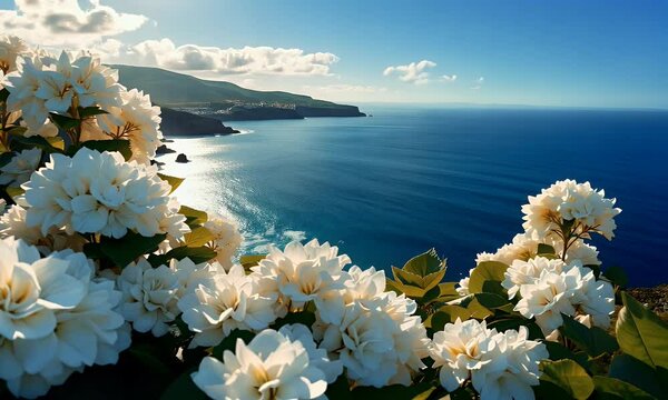Coastal Landscape | Mediterranean Sea View | 4K Vibrant Scenery, This 4K video captures a breathtaking coastal landscape overlooking the Mediterranean Sea with vibrant white flowers and blooming bou

