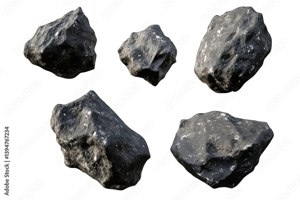 Poster five irregularly shaped rocks showcasing various textures and surfaces suitable for 3d modeling or e