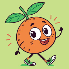 Fototapeta premium Happy Cartoon Orange Fruit with Sneakers and Big Smile, Cheerful Citrus Mascot with Leaves on Head