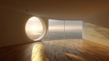 Modern Minimalist Architecture, A futuristic minimalist interior with a large oval window providing a breathtaking view, capturing the essence of modern design and open-space architecture.