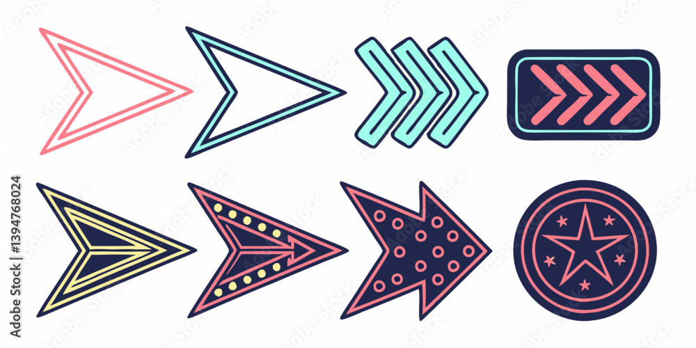 Poster retro neon arrow vector set outlined filled patterned arrow designs for direction and navigation gra
