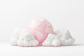 A pink globe rests gently on fluffy white clouds, symbolizing a peaceful and serene world.