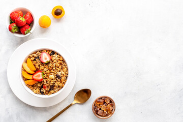 Bowl with oatmeal granola and ingredients - apricots and strawberry. Top view