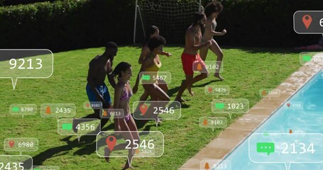 Jumping into pool, group with animation of social media notifications overlay - Powered by Adobe