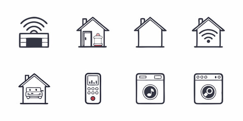 Smart Home Automation Icons: Garage Door, House, WiFi, Remote, Washer, Dryer - Simple Line Art Vector Illustration for Website, Mobile, App, UI/UX Design Use Cases