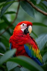 Obraz premium araffy red parrot sitting on a branch with green leaves