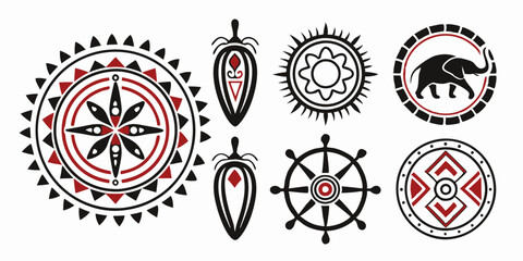 African Tribal Circle Art Set: Ethnic Designs with Elephant, Sun, Wheel, Shield, Geometric Patterns in Black and Red