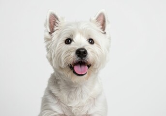 A west highland white terrier with its mouth open against a plain white background looking happy isolated on white background