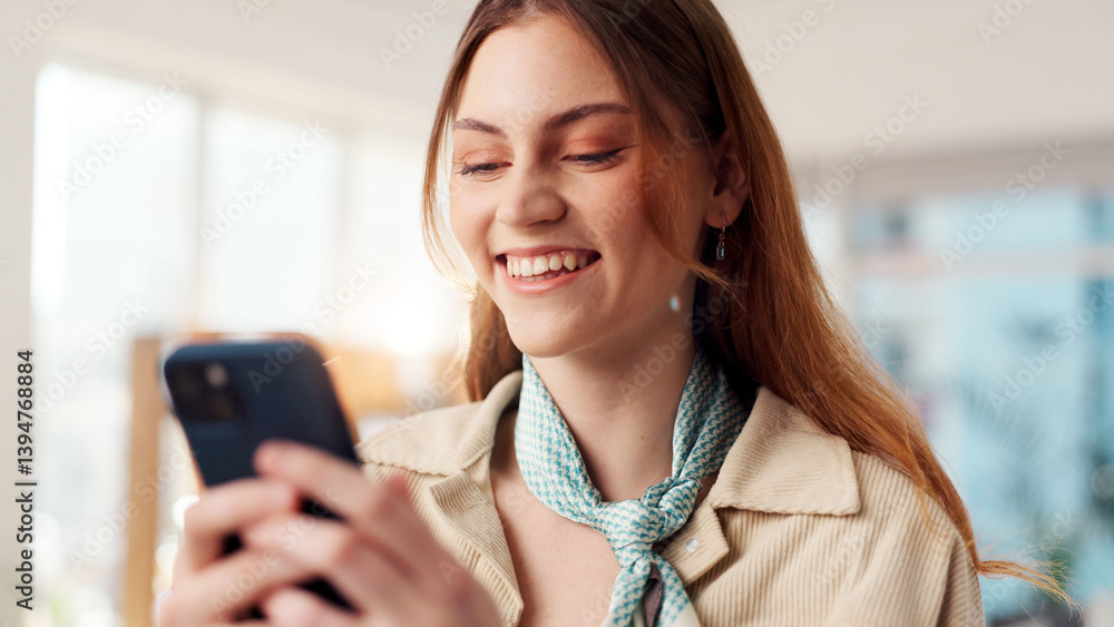 Poster phone, typing and search with business woman in office for networking, client chat and virtual consu