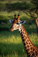 Fototapeta premium there is a giraffe standing in a field of tall grass