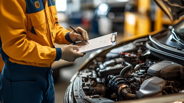 Car service and auto check concept. An automobile repair technician writing a job checklist on a clipboard while inspecting the engine to assess repair needs, with a mechanic conducting maintenance
