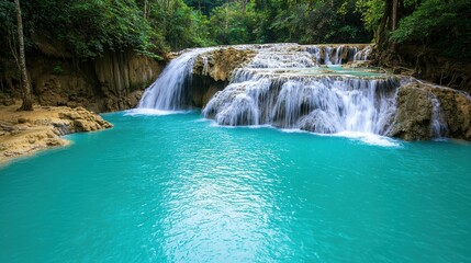 Fototapeta premium Cascading turquoise waterfall in a lush forest setting