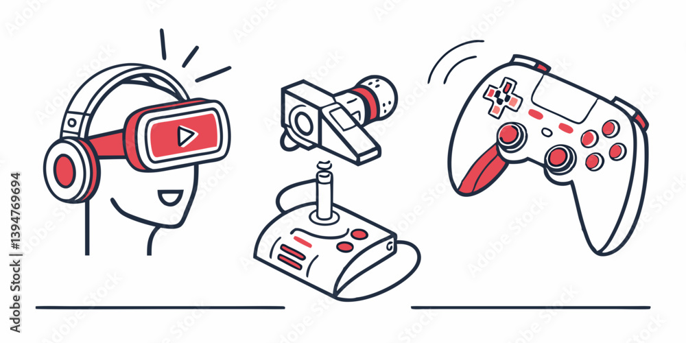 Poster red and white line art of vr headset game controller and joystick for gaming