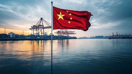 Naklejka premium Chinese flag at the port, with crane arms extending over the sea harbor. Shipments arriving at Chinaâ€™s port, including goods deliveries from the PRC. Maritime logistics in China, import and export