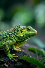 Fototapeta premium there is a green lizard that is sitting on a rock