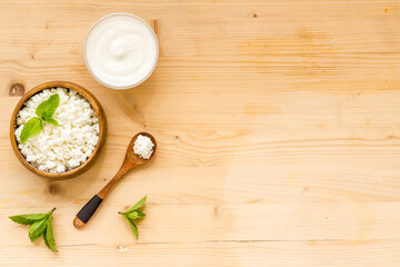 Various dairy products, top view. Milk and cottage cheese with sour cream