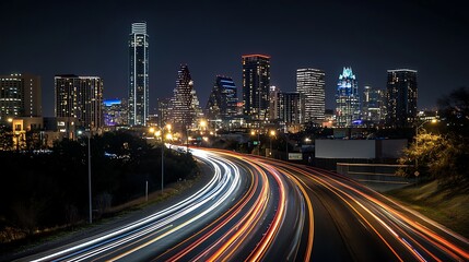 Fototapeta premium City lights in motion during a nighttime drive illustrate urban landscape illumination with dazzling light trails, portraying the city's lively character.