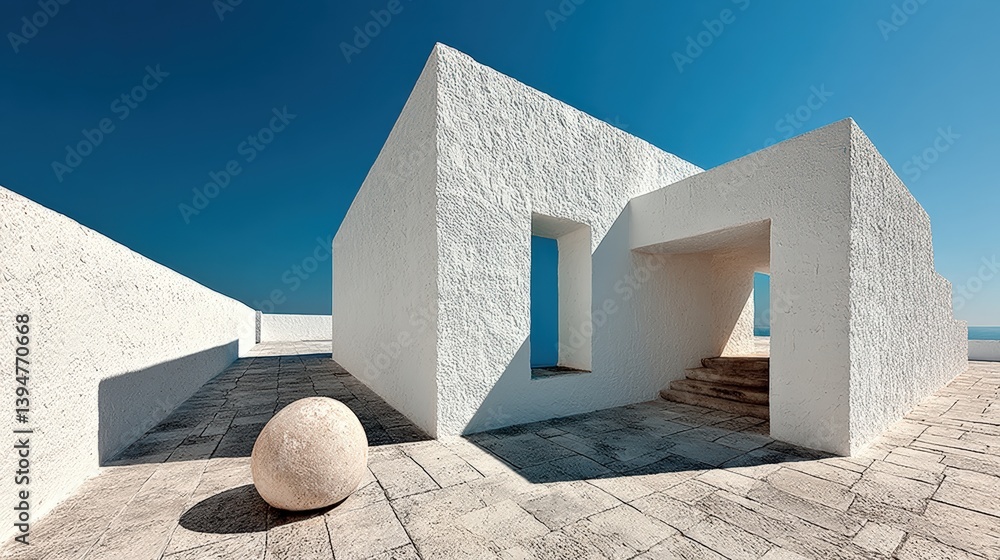 Poster modern minimalist architecture, geometric concrete structures of a modern building with a clear sky
