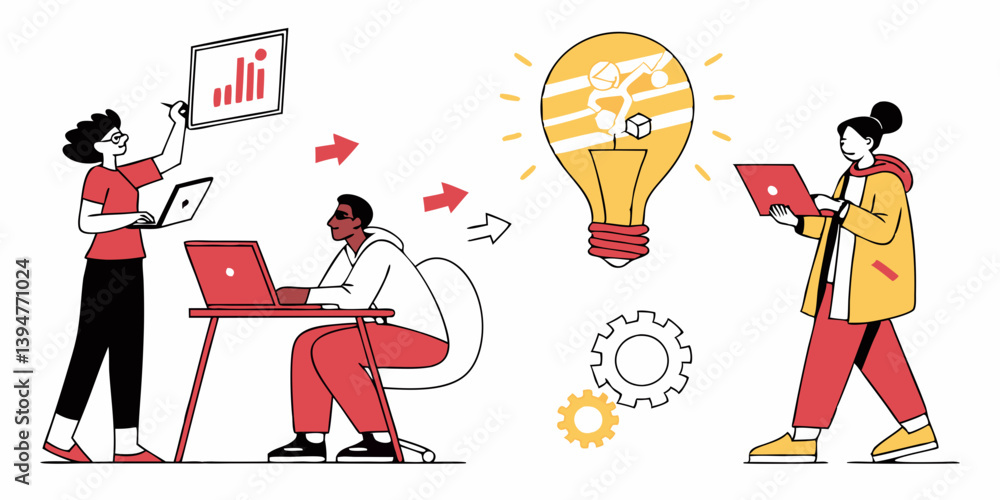 Poster business teamwork idea brainstorming data analysis light bulb gears flat vector art