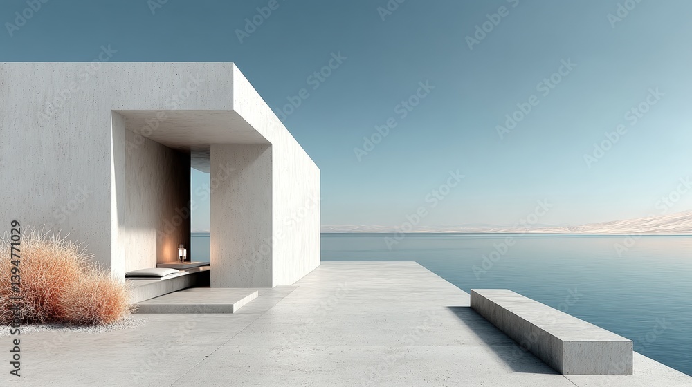 Poster modern minimalist architecture, geometric concrete structures of a modern building with a clear sky