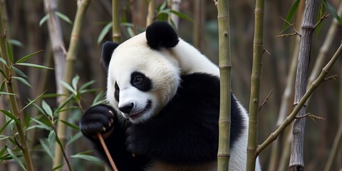 Obraz premium Adorable Giant Panda Bear Eating Bamboo in a Lush Forest Habitat