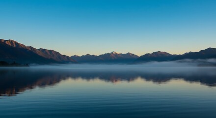 Serene Morning Mist over Mountain Lake Reflection