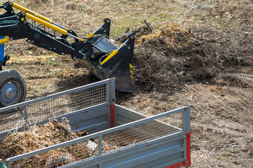 A loader on a construction site is loading wood waste into the bucket. The work of machinery for...