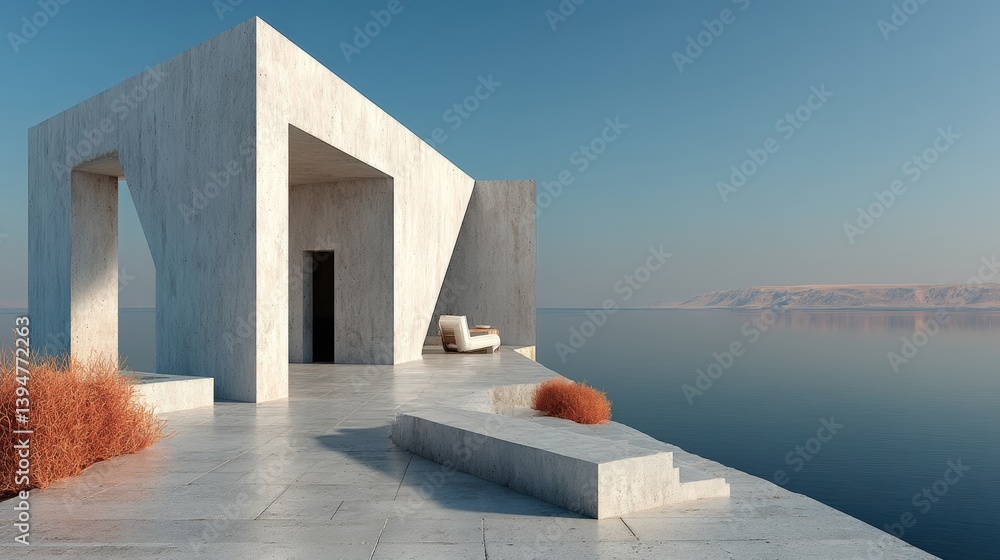 Poster modern minimalist architecture, geometric concrete structures of a modern building with a clear sky
