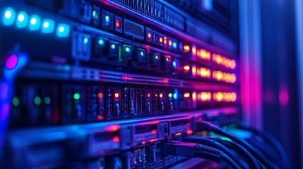 Naklejka premium Network infrastructure. Telecommunications systems. Data center. Modem with fiber-optic cables. Router in a data center. Hosting devices. Internet connectivity. 