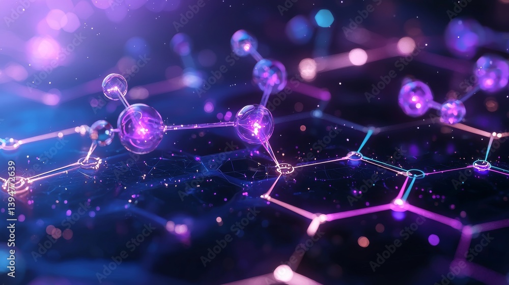 Poster abstract representation of glowing molecular structures in a colorful digital environment
