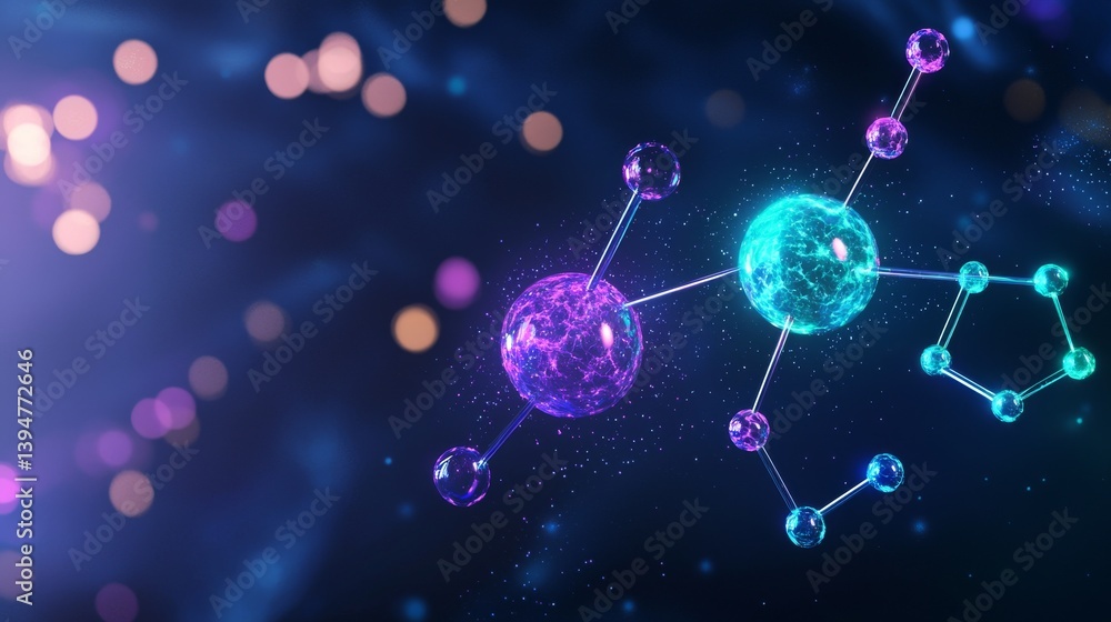 Poster abstract molecular structures with vibrant colors and glowing particles against a dark background
