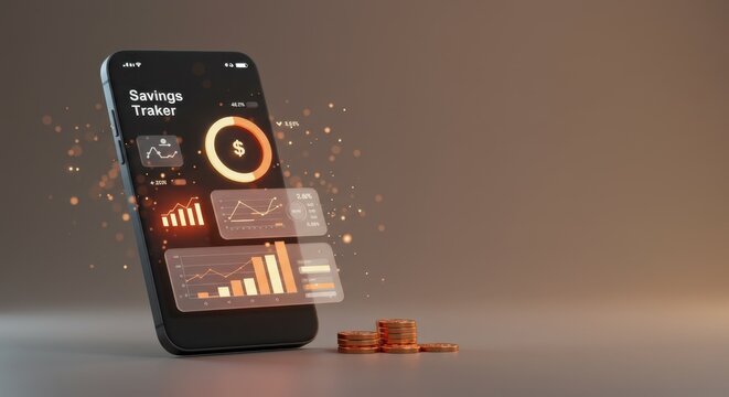 Modern Smartphone Savings Tracker App Interface Showing Financial Growth and Progress with Stacked Coins
