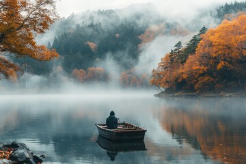 Foggy Lake in Hokkaido with Lone Fisherman in Wooden Boat